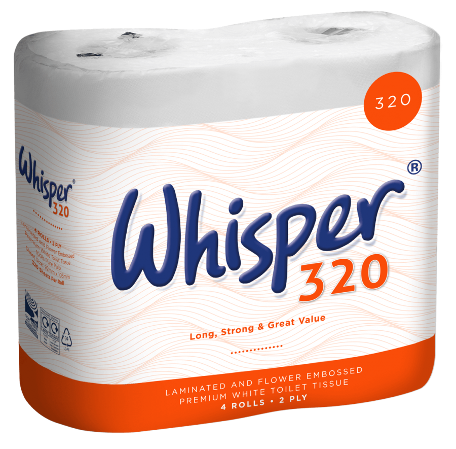 Whisper 320 sheet toilet roll 2ply